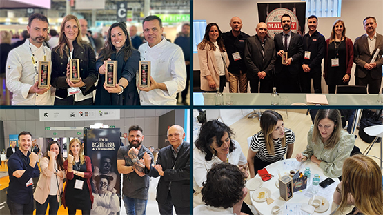 Marc Ribas, els xefs del restaurant Disfrutar i el conseller Torrent coneixen la xarcuteria social de Mallart a Alimentaria 2024